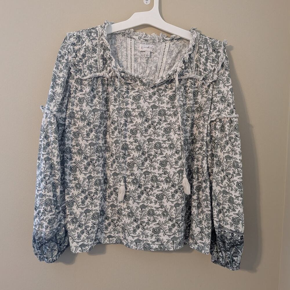 Wonderly Floral Green/White Blouse With Tassles